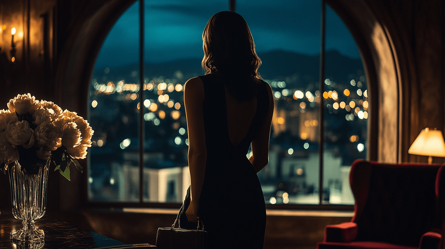 A woman in an evening gown overlooking a city skyline from a private salon at night