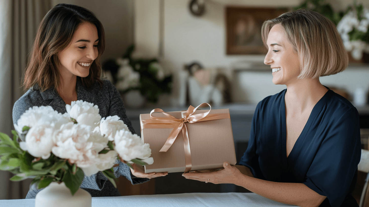 A woman presenting a ribbon-tied Saclyn gift box to a friend