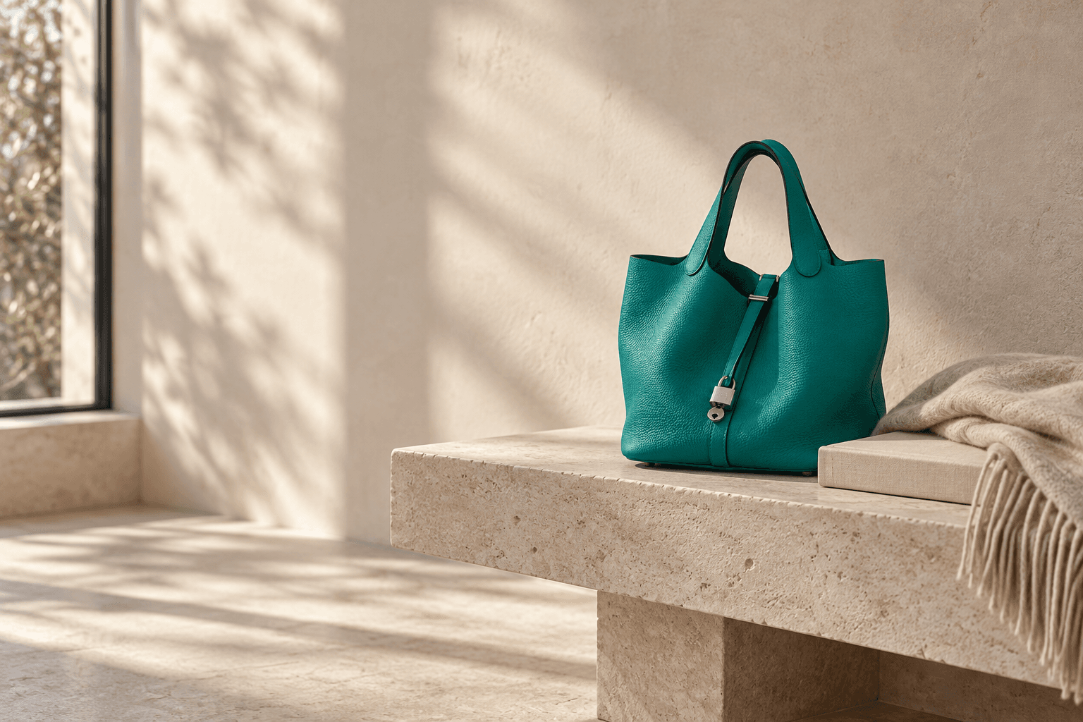 Green Hermès Picotin Lock MM on a limestone bench in soft window light