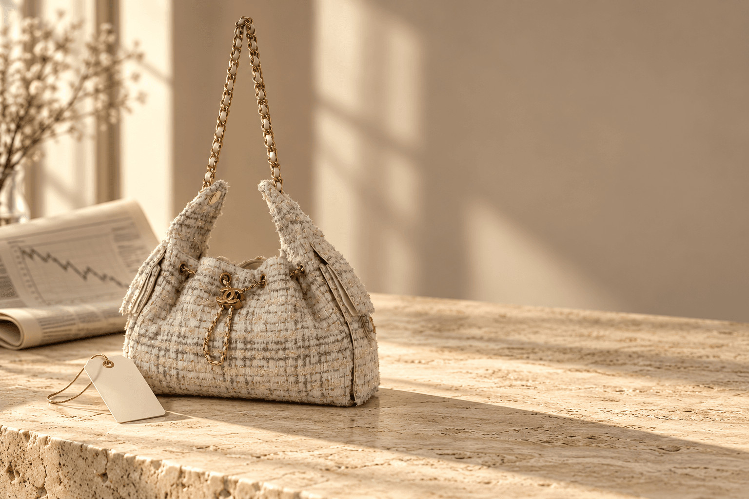 Chanel Tweed 25 drawstring bag on cream travertine beside a blank price tag and a folded financial newspaper