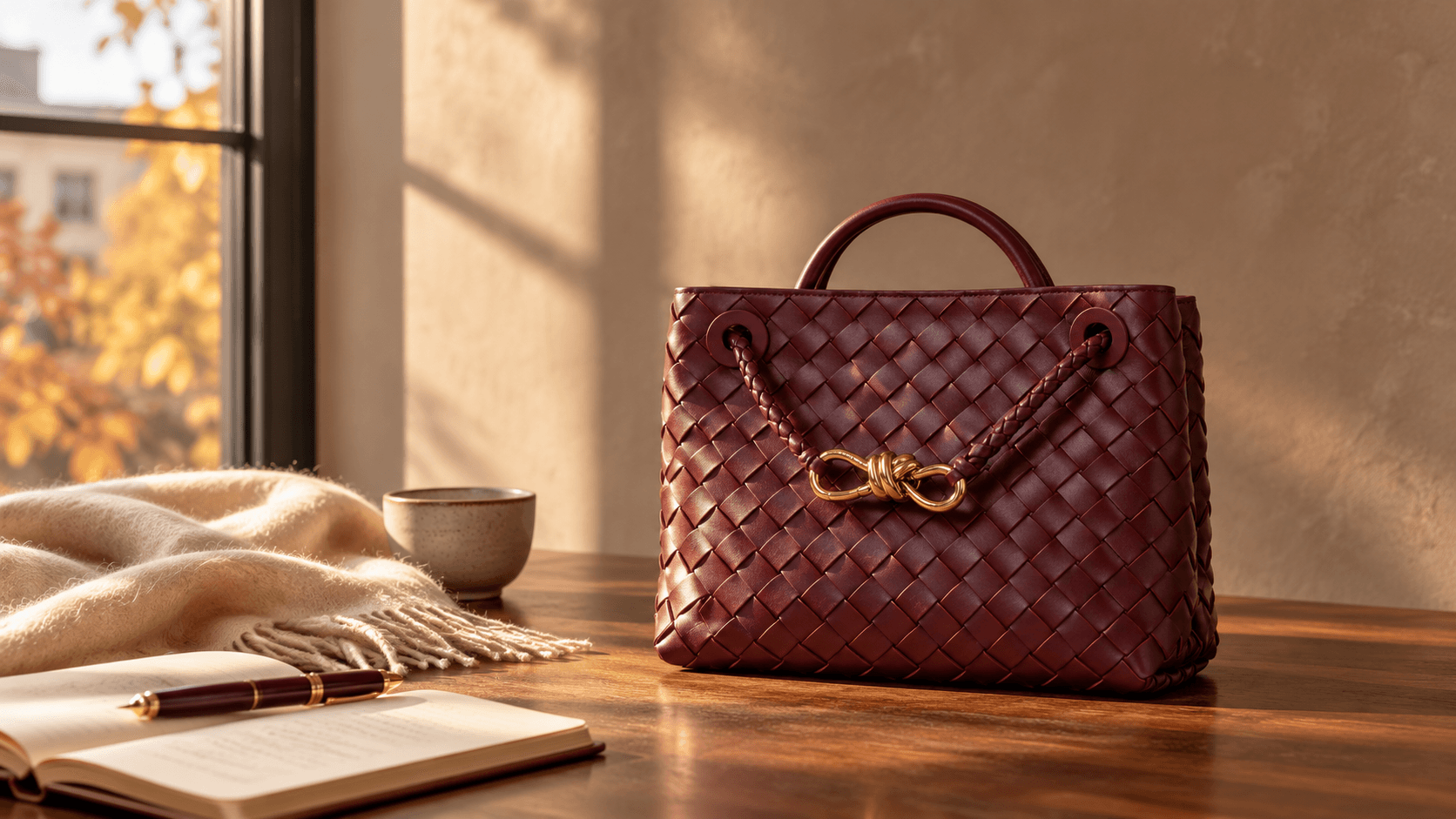 Burgundy Bottega Veneta Small Andiamo in woven Intrecciato leather with a gold knot clasp, on a walnut table in soft autumn window light