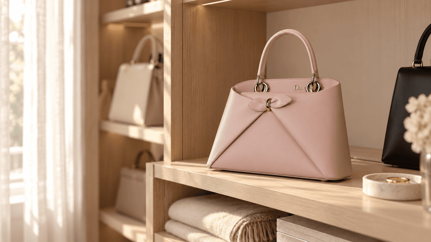 A small blush-pink Dior Cigale handbag, with folded front pleats meeting under a gold-ringed leather bow, standing on a pale oak shelf in a softly lit closet.