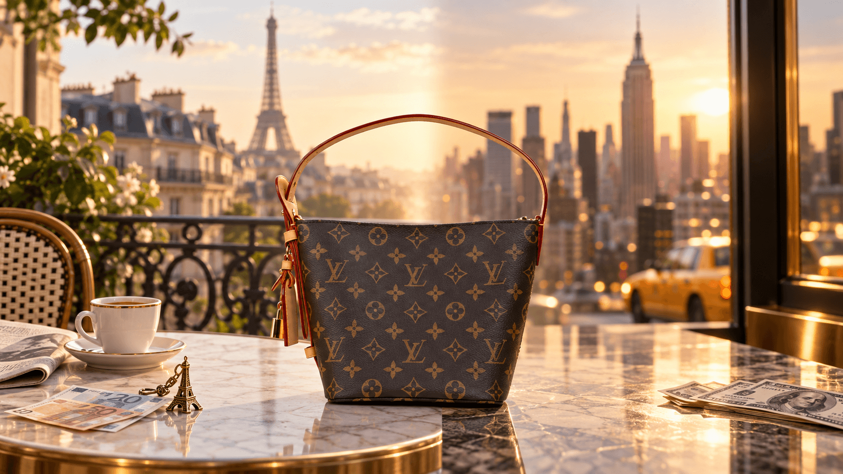 Louis Vuitton All-In BB monogram bag between a Paris café scene and a New York skyline, with euro and dollar notes