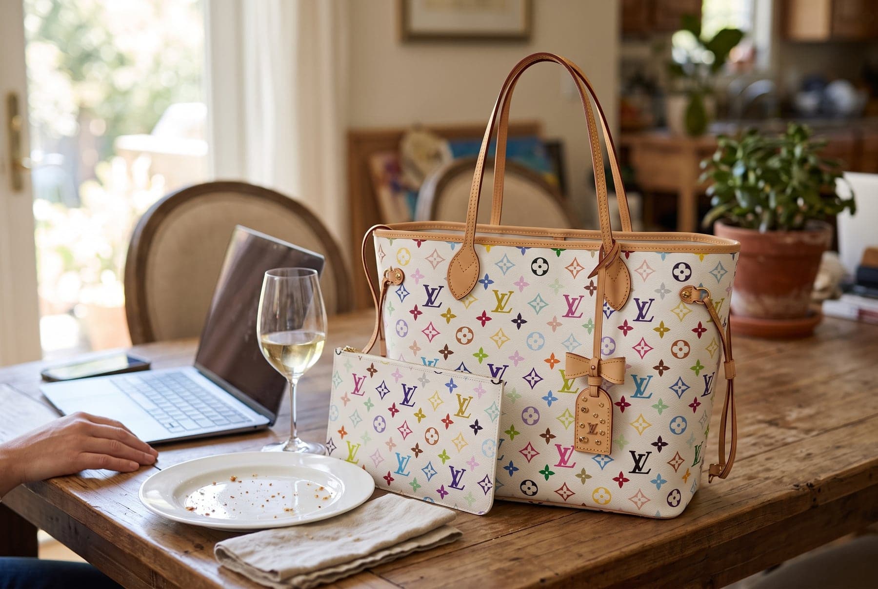 Louis Vuitton Takashi Murakami Neverfull MM in white Monogram Multicolor with matching pouch, on a wooden dining table beside a laptop, wine glass and plate.