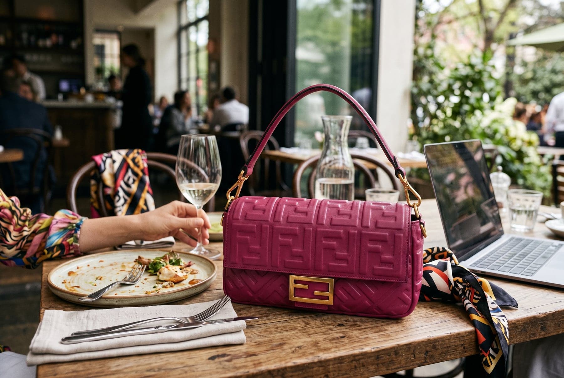 Pink Fendi Baguette with FF-embossed leather and gold clasp on a wooden café table beside a lunch plate, wine glass and laptop.