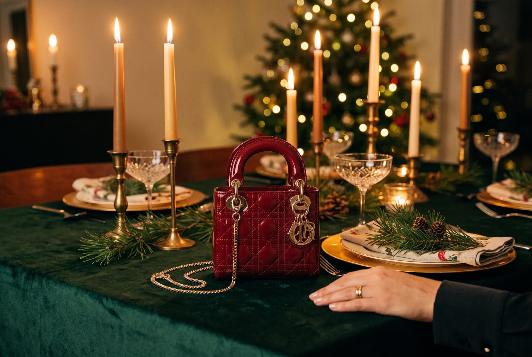 A small red patent Lady Dior Mini bag with gold D.I.O.R. charms and a gold chain strap, standing on a green velvet holiday dinner table among candles, champagne coupes and pine, with a lit Christmas tree behind.